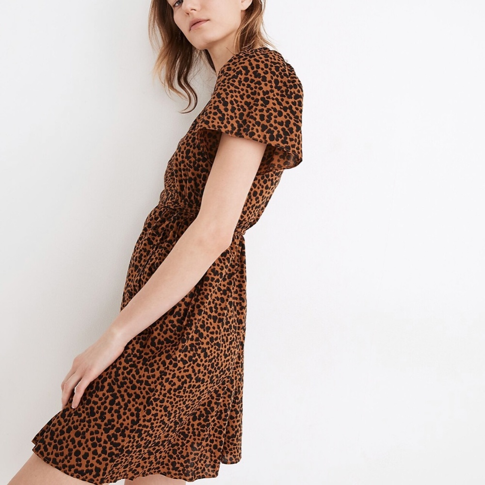Madewell Flutter-Sleeve Wrap Mini Dress in Painted Leopard